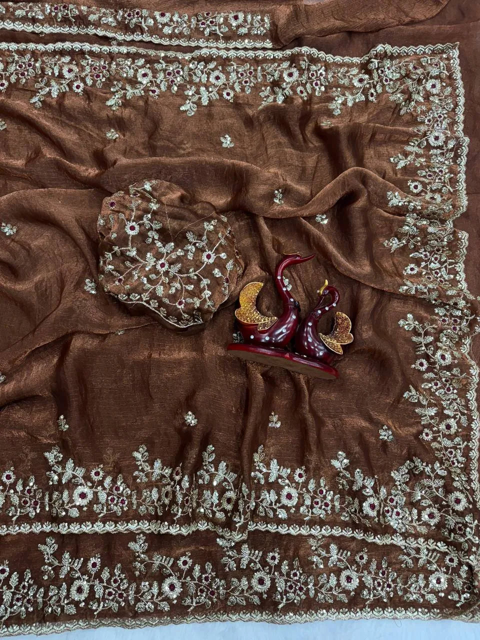 Heavy Soft Fandy Chiffon Silk Saree with Embroidered C-Pallu, Zari & Sequin Work + Cutwork Border – Unstitched Embroidered Blouse Included