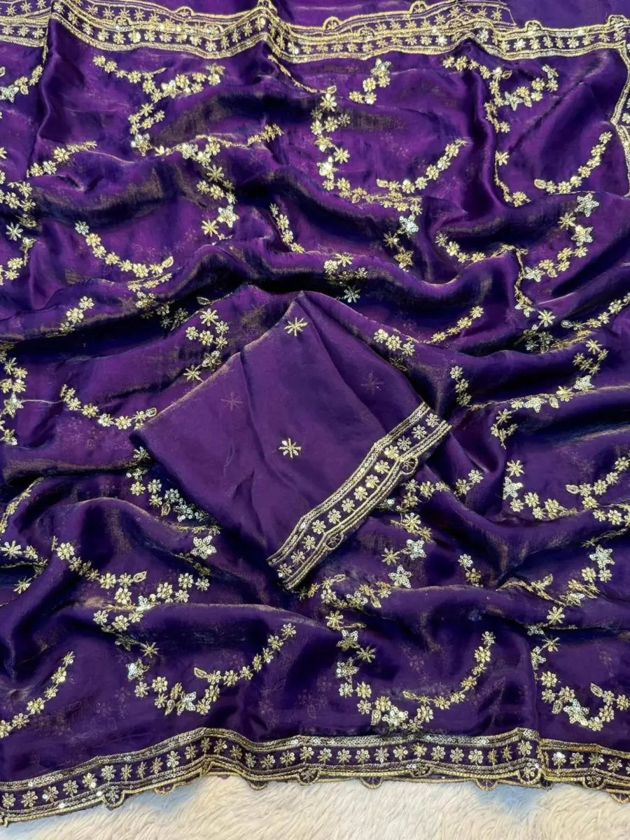 Premium Moss Silk Saree with Multi‑Thread & Sequins Embroidery – Designer Blouse