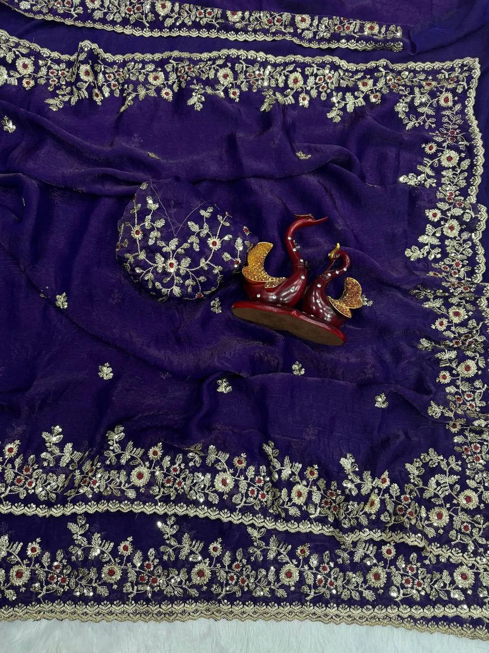 Heavy Soft Fandy Chiffon Silk Saree with Embroidered C-Pallu, Zari & Sequin Work + Cutwork Border – Unstitched Embroidered Blouse Included