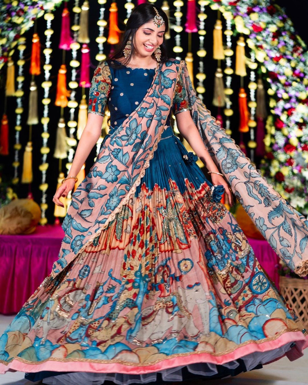 Blue Color Kalamkari Print Lehenga Choli with Chinon Fabric By Swaya World
