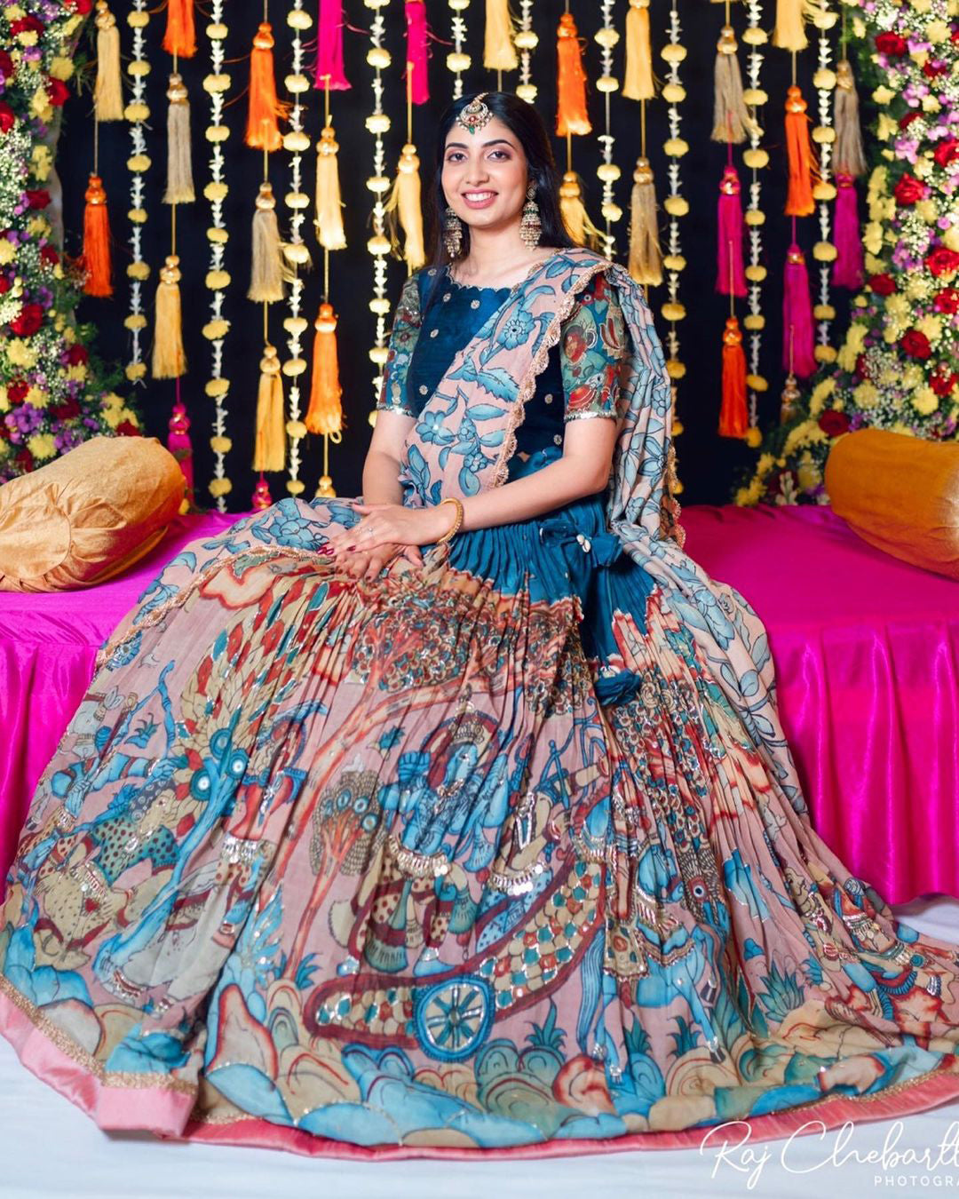 Blue Color Kalamkari Print Lehenga Choli with Chinon Fabric By Swaya World