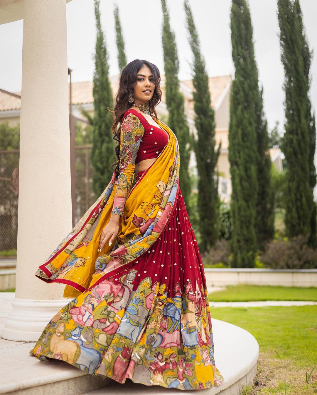 Pure Hand Painted Pen Kalamkari Lehenga with Maggam Work By Swaya World