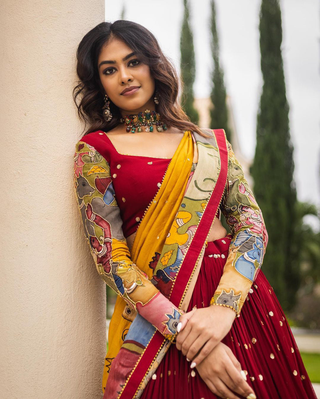 Pure Hand Painted Pen Kalamkari Lehenga with Maggam Work By Swaya World