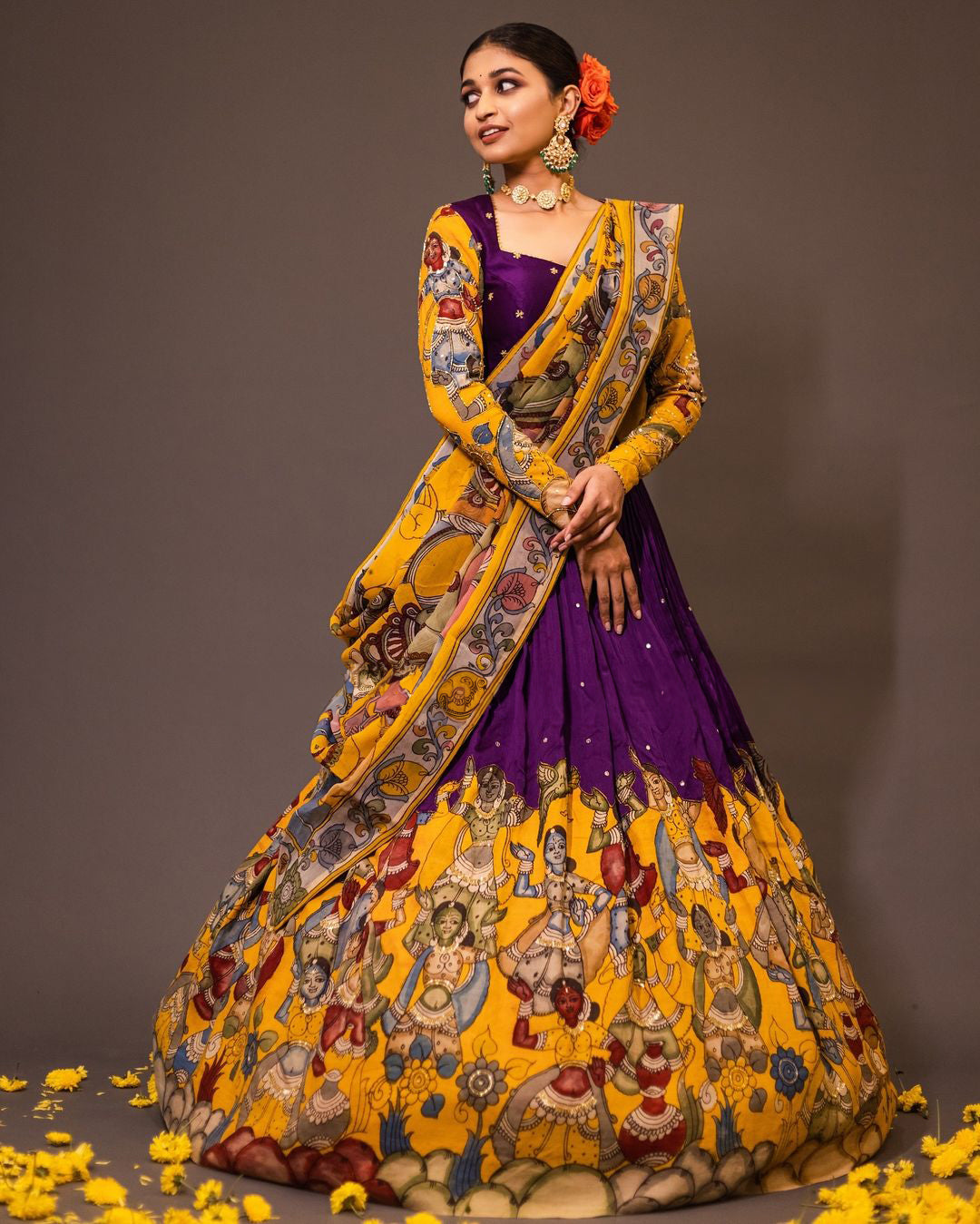 Pure Hand Painted Pen Kalamkari Purple Lehenga with Maggam Work By Swaya World