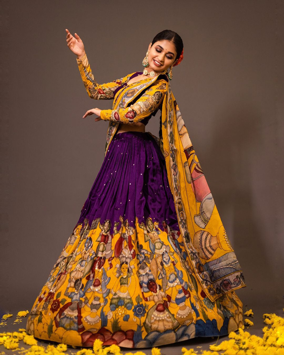 Pure Hand Painted Pen Kalamkari Purple Lehenga with Maggam Work By Swaya World