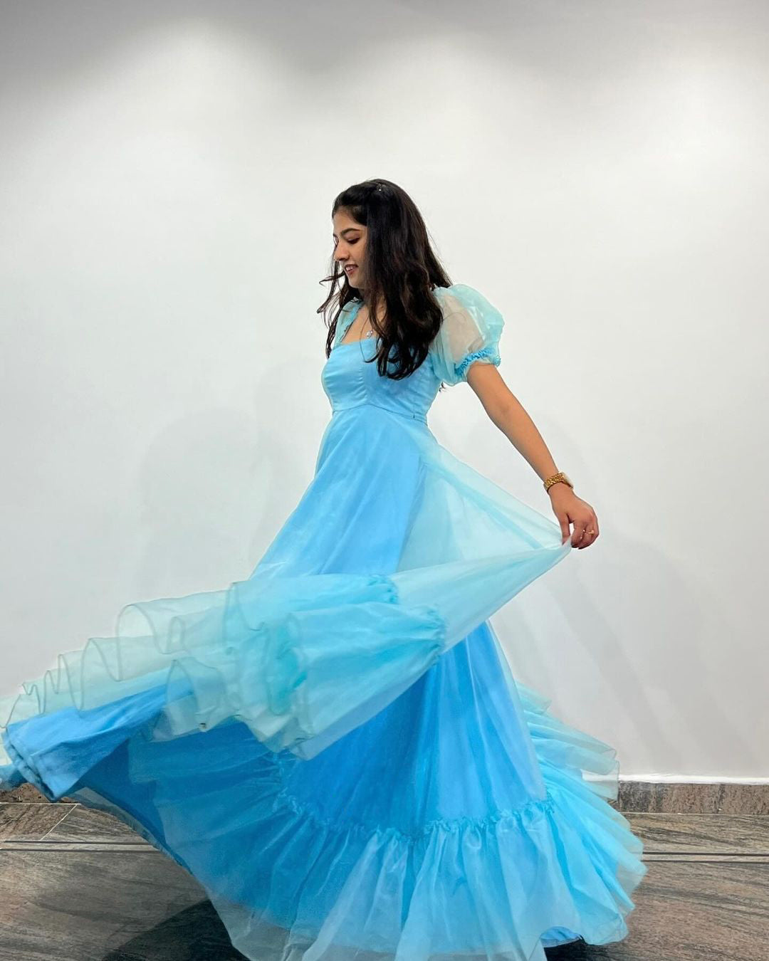 Featuring a Beautiful Blue Organza Long Frock By Swaya World