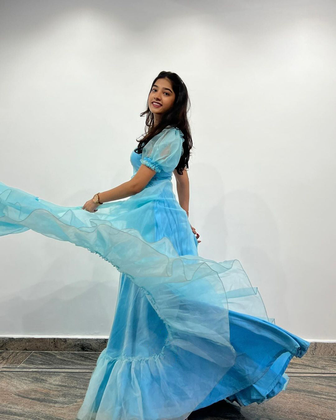 Featuring a Beautiful Blue Organza Long Frock By Swaya World