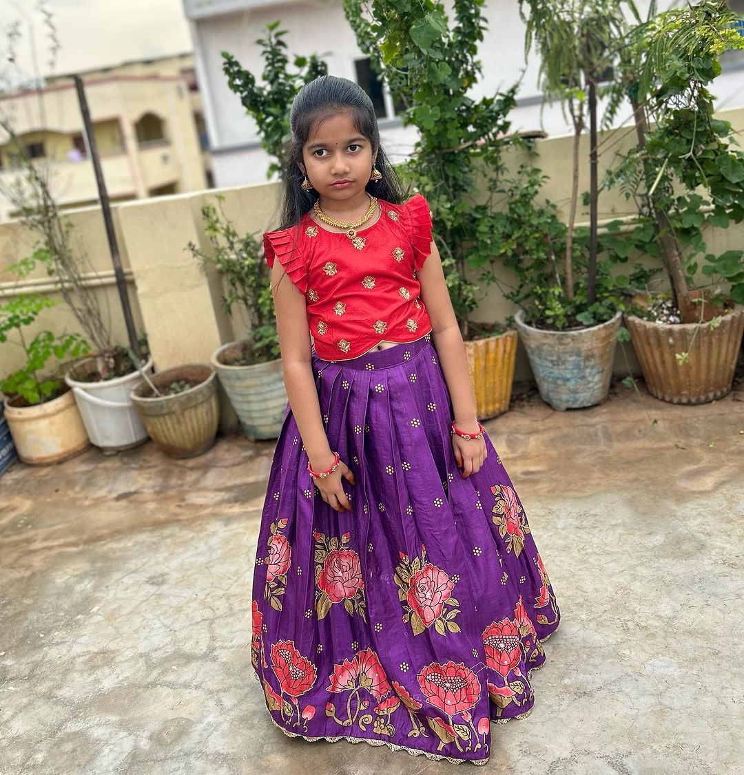 Traditional Kalamkari Printed with Hand work Silk Lehenga For Kids By Swaya World