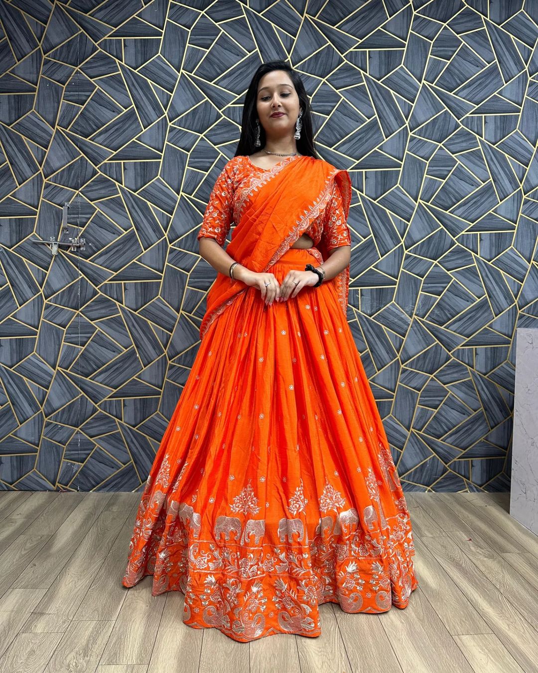 Orange - Thread Work - Lehenga Cholis: Buy Indian Lehenga Outfits Online |  Utsav Fashion