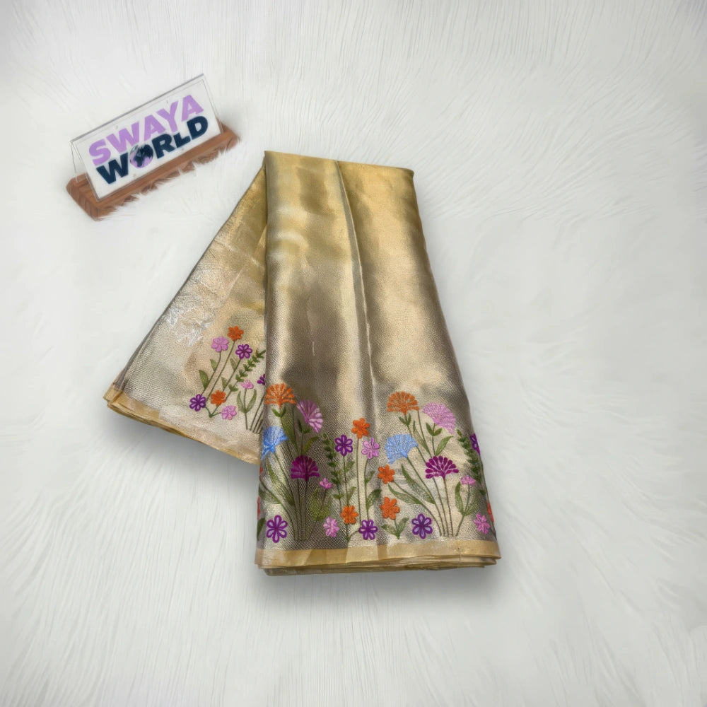 Close-up of light gold color embroidery border and double zari weave on Banarasi semi katan silk saree