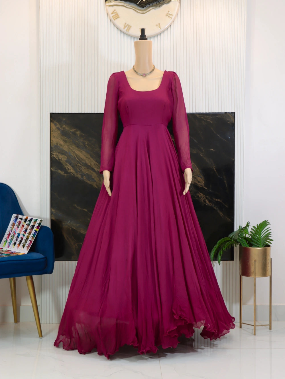 Front view Magenta georgette long frock with sheer sleeves, fitted bodice, and full flared skirt
