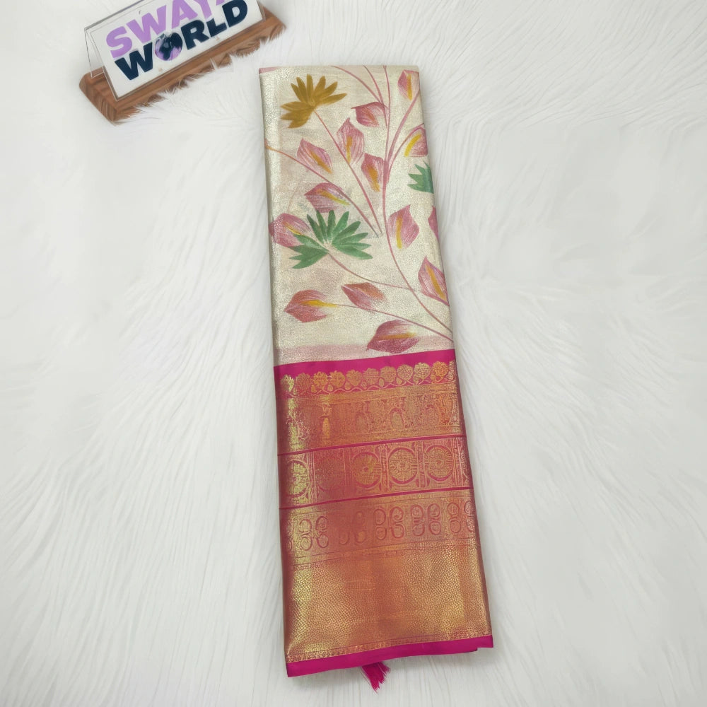 pink colour Soft Banarasi tissue silk saree with hand‑painted jaal and contrast Kanchi border,  featuring the brand 'Swaya World'.