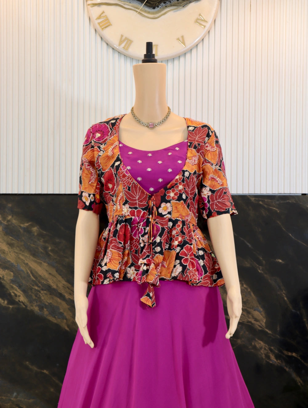 Pink georgette gown with butti work paired with autumn tapestry peplum coat – Close front view