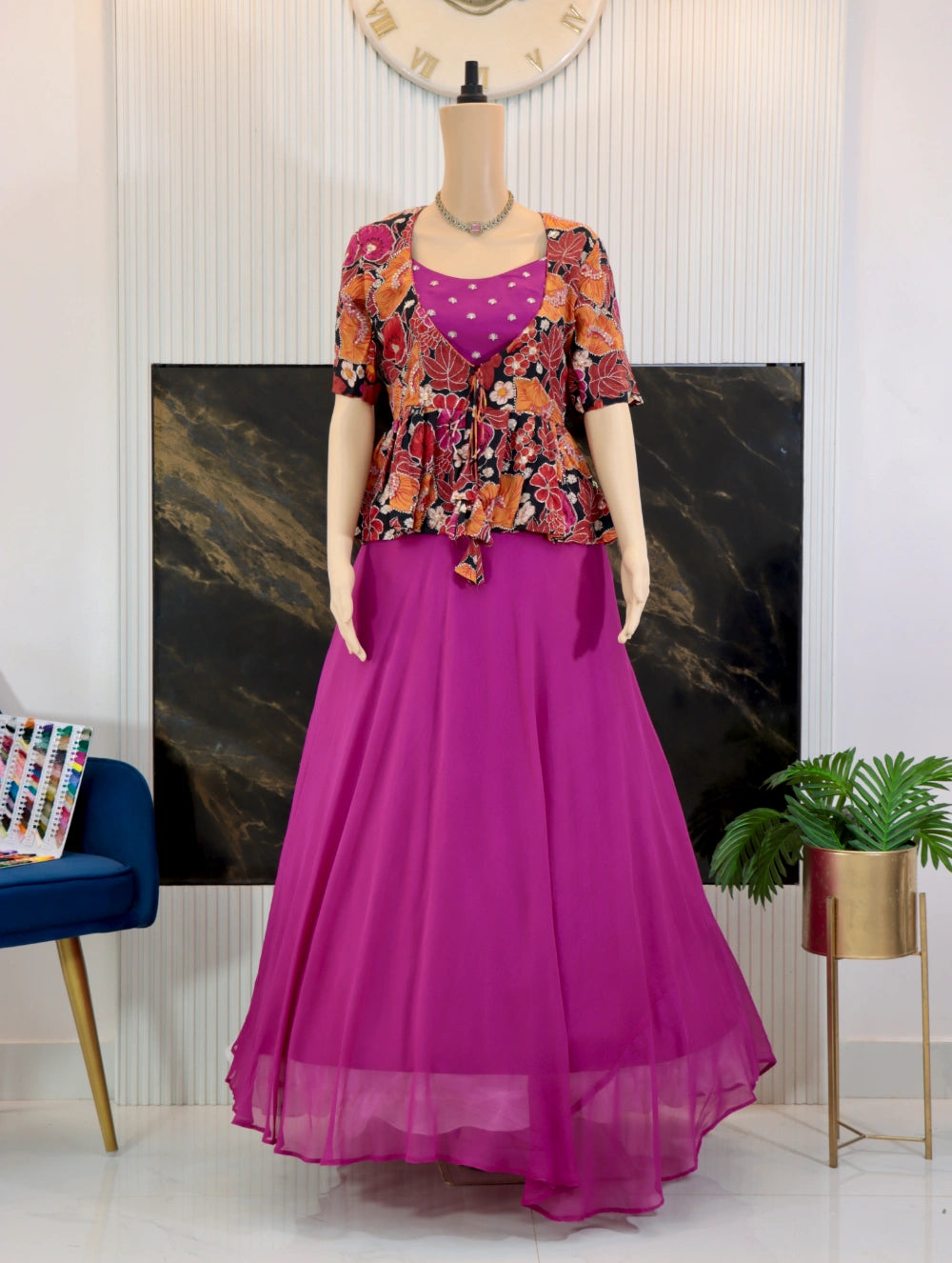 Pink georgette gown with butti work paired with autumn tapestry peplum coat – front view  