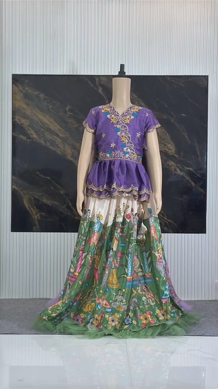 Trending Kalamkari Printed & Embroidered Work Stitched Kids Lehenga-Blouse with 4 Colours (Sizes 2 to 15 Years) - By Swaya World