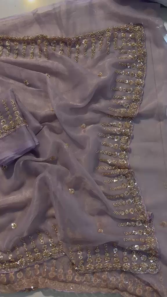 Premium Chiffon Tissue Saree with Beads & Sequence Work – Designer Running Work Blouse