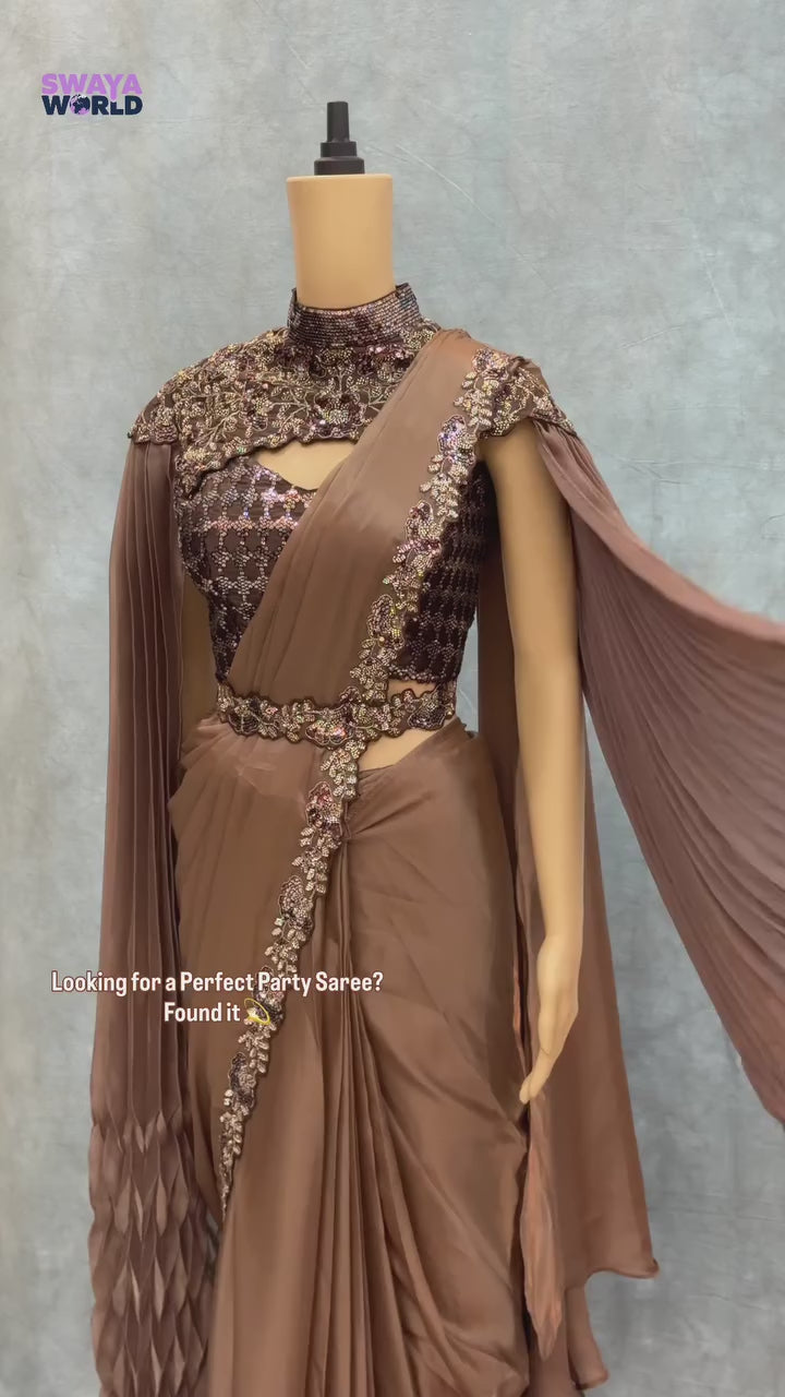 Borwniee1MinSaree – Ready-to-Wear Premium Space Silk Saree with Sequin, Pearl & Embroidery Border + Designer Blouse & Neck Belt