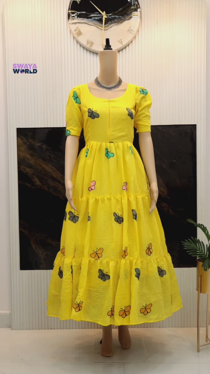 Beautiful Butterfly Maxi Dress in Vibrant Yellow and Olive Green Colors - By Swaya World
