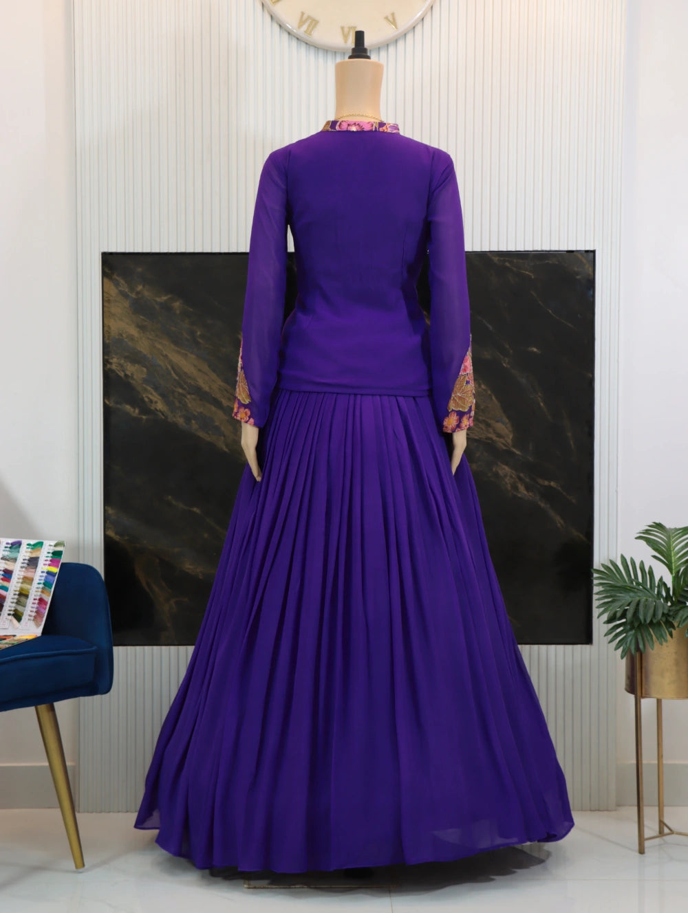 Back view of purple peplum top and skirt with full sleeves and floral jacket detailing and Soft Georgette Skirt