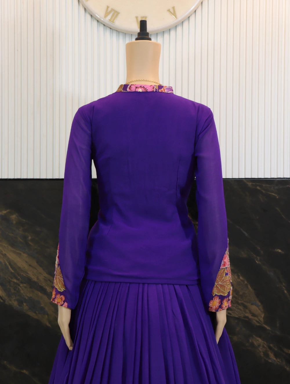 Close Back view of purple peplum top and skirt with full sleeves and floral jacket detailing and Soft Georgette Skirt