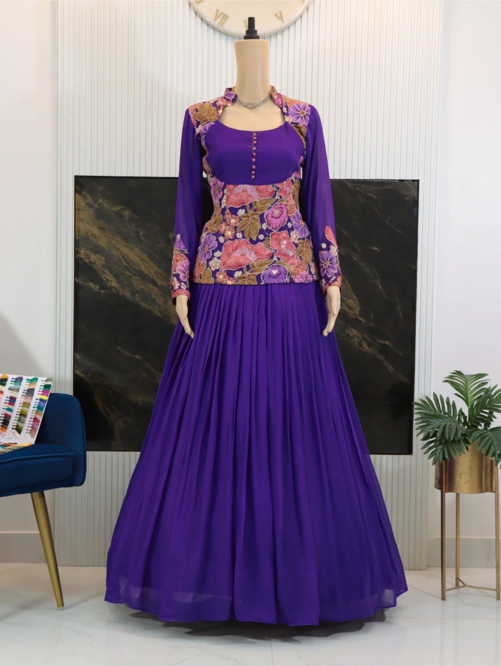 Front view of purple georgette peplum top and skirt with floral embroidered jacket and full sleeves