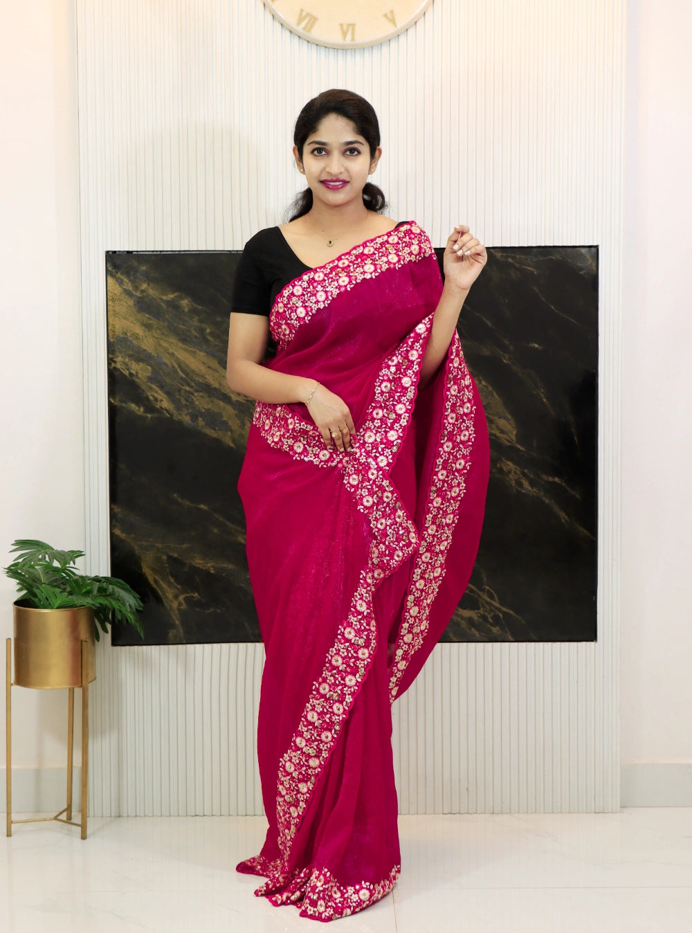 Rani Pink crunchy crush silk saree with embroidery and sequence work, scalloped cutwork border – full view