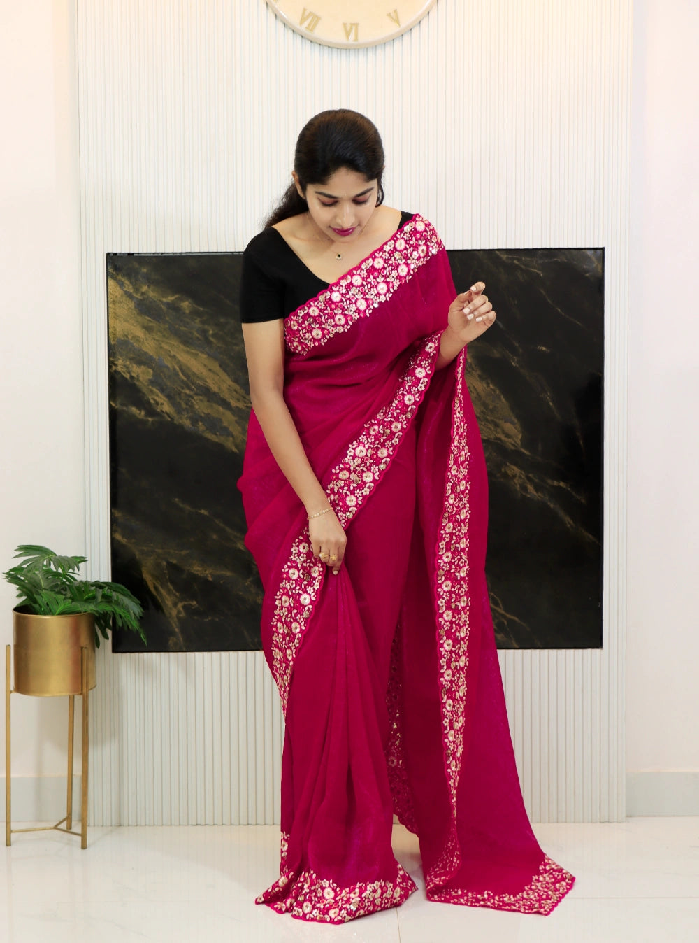 Rani Pink crunchy crush silk saree with embroidery and sequence work, scalloped cutwork border