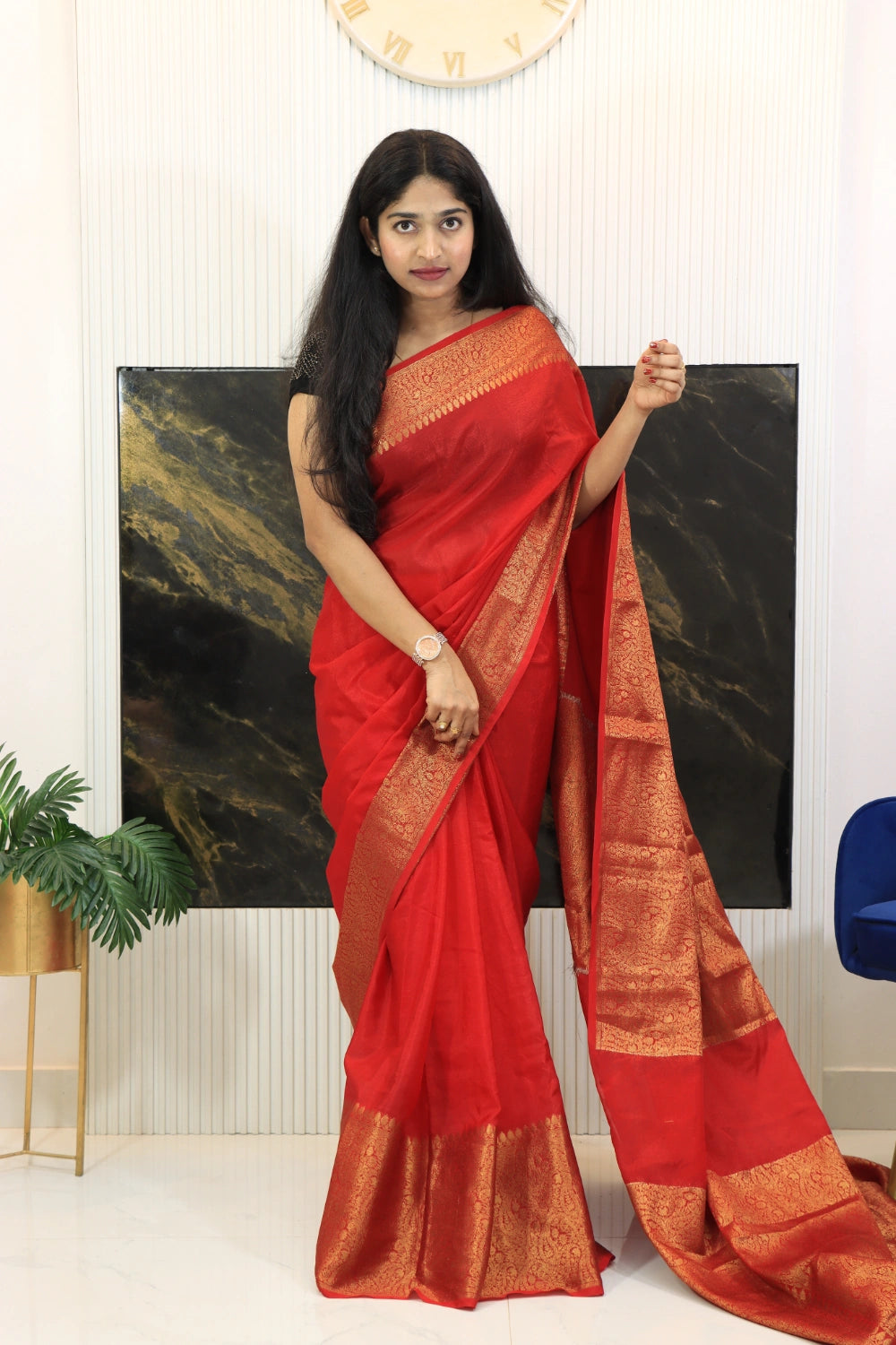 Red Banarasi silk saree front view.