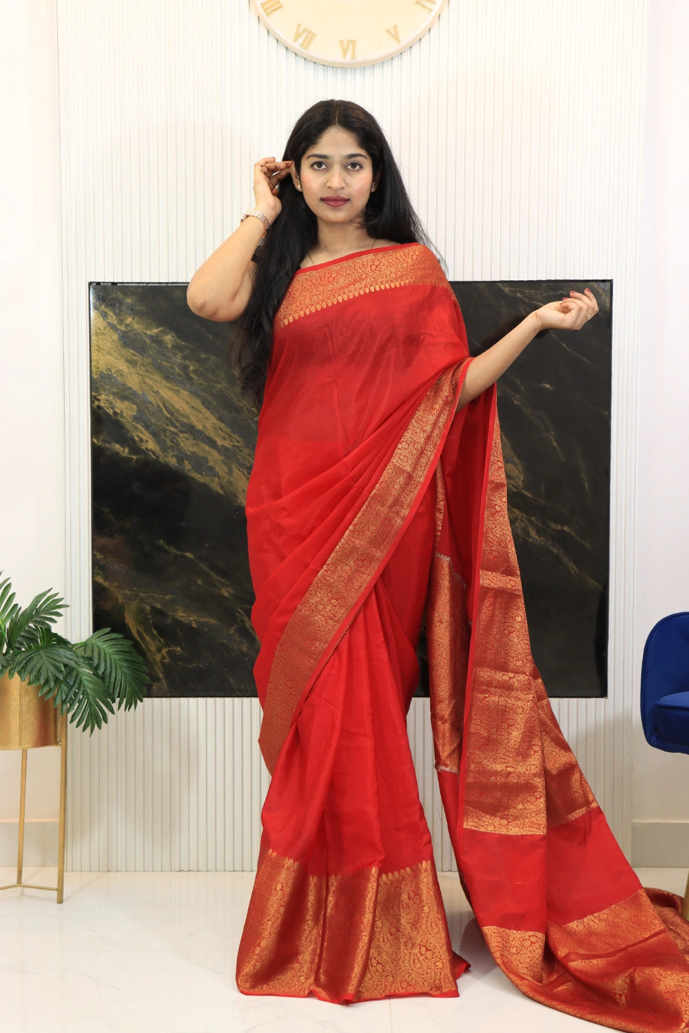 Red Banarasi silk saree front view